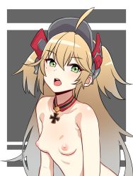 Rule 34 | 1girl, :o, admiral hipper (azur lane), ahoge, azur lane, blush, breasts, collarbone, cross, detached collar, green eyes, grey hat, hat, highres, iron cross, long hair, mole, mole under eye, nezuko, nipples, nude, open mouth, round teeth, sidelocks, small breasts, solo, teeth, two-tone background, two side up, upper body, very long hair