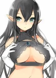 Rule 34 | 1girl, bad id, bad twitter id, bare shoulders, black hair, breasts, cleavage, cleavage cutout, clothing cutout, elbow gloves, gloves, green eyes, hair between eyes, hands on own chest, k (li), lace, large breasts, long hair, midriff, navel, pointy ears, simple background, sketch, solo, underboob, upper body, white background, white gloves