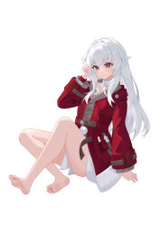 Rule 34 | 1girl, absurdres, bare legs, barefoot, breasts, brown sweater, clara (honkai: star rail), closed mouth, coat, collar, commentary, crossed legs, eyebrows hidden by hair, feet, full body, hair between eyes, hand in own hair, highres, honkai: star rail, honkai (series), kurosti, legs, long hair, looking down, nail polish, pouch, red coat, red eyes, simple background, sitting, small breasts, smile, soles, solo, sweater, toenail polish, toenails, toes, white background, white collar, white hair