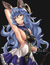Rule 34 | 1girl, animal ears, armpits, backless outfit, bare back, belt, black gloves, blue hair, blue skirt, breasts, brown eyes, brown gloves, rabbit ears, closed mouth, cowboy shot, earrings, erune, ferry (granblue fantasy), gloves, granblue fantasy, highres, hoop earrings, jewelry, long hair, looking at viewer, loose belt, sideboob, simple background, single earring, skirt, small breasts, solo, takanashi-a, wavy hair, whip, yellow eyes
