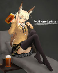 Rule 34 | 1girl, ahoge, alcohol, alternate costume, animal ears, bad id, bad pixiv id, beer, beer mug, black thighhighs, blonde hair, blue eyes, blush, cardigan, cup, german text, grin, hanna-justina marseille, head wings, holding, joyz2008, long hair, looking at viewer, mug, plaid, plaid skirt, ribbon, school uniform, sitting, skirt, smile, solo, strike witches, tail, thighhighs, translated, wings, witches of africa, world witches series