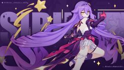 Rule 34 | 1girl, bare shoulders, breasts, character name, chinese commentary, closed mouth, detached sleeves, foot out of frame, gloves, hair between eyes, highres, honkai (series), honkai impact 3rd, long hair, looking at viewer, official art, official wallpaper, open hand, pink gloves, purple hair, sirin (miracle magical girl), skirt, small breasts, smile, solo, star (symbol), toes, very long hair, white skirt, yellow eyes