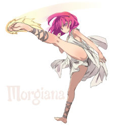 Rule 34 | 1girl, ankle lace-up, bare legs, barefoot, blush, breasts, character name, cross-laced footwear, dress, feet, fighting stance, full body, kicking, magi the labyrinth of magic, morgiana, okishi jien, okishiji en, red eyes, red hair, sideboob, simple background, small breasts, soles, solo, toes