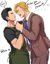 Rule 34 | 2boys, ao isami, apron, black hair, blonde hair, blush, brown suit, couple, eye contact, facial hair, florist, formal, from side, green apron, highres, holding hands, kin 4c, lewis smith, light frown, looking at another, male focus, multiple boys, profile, shirt, sideburns stubble, speech bubble, stubble, suit, t-shirt, thick eyebrows, translation request, yaoi, yuuki bakuhatsu bang bravern