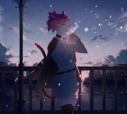 Rule 34 | 1girl, animal ears, belt, boots, casual, cat ears, cat tail, choker, cicirelrel, cityscape, coffee cup, collarbone, cowboy shot, cup, disposable cup, dress, final fantasy, final fantasy xiv, hair ornament, heterochromia, highres, jacket, jewelry, looking at viewer, miqo&#039;te, off shoulder, open clothes, open jacket, pendant, red hair, short hair, sky, snowing, solo, standing, tail, thigh boots, thighhighs
