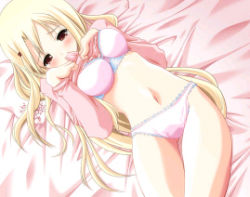 Rule 34 | 1girl, artist request, bed, blonde hair, blush, bow, bow bra, bra, breasts, character request, clothes lift, hair ornament, hairclip, large breasts, long hair, long sleeves, lowres, lying, mouth hold, navel, panties, pink bra, pink panties, pink shirt, red eyes, shirt, shirt lift, source request, tears, underwear