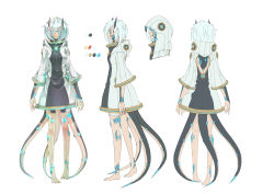 Rule 34 | absurdres, aqua eyes, coat, colored skin, ellen (pale blue), extra eyes, highres, horns, monster girl, multiple tails, pale blue, silver hair, tagme, tail, white skin