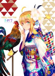 Rule 34 | 1girl, 2017, ahoge, animal, artoria pendragon (fate), astarone, bird, blonde hair, chick, chicken, chinese zodiac, fate/stay night, fate (series), flower, furisode, green eyes, hair flower, hair ornament, happy new year, japanese clothes, kimono, looking at viewer, md5 mismatch, nengajou, new year, rooster, saber (fate), year of the rooster