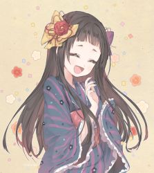 Rule 34 | 10s, 1girl, :d, ^ ^, artist name, bad id, bad pixiv id, black hair, black nails, blunt bangs, bow, closed eyes, confetti, floral background, flower, hair bow, hair flower, hair ornament, japanese clothes, kimono, long hair, marimari (show by rock!!), marin (myuy 3), nail polish, obi, open mouth, purple bow, sash, show by rock!!, smile, solo, striped clothes, striped kimono, upper body, wide sleeves, yellow bow