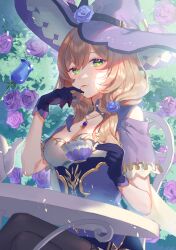 Rule 34 | 1girl, absurdres, bellflower, breasts, brown hair, cleavage cutout, clothing cutout, cup, detached sleeves, flower, genshin impact, gloves, green eyes, harushio, hat, highres, holding, holding cup, jewelry, large breasts, lisa (genshin impact), looking at viewer, necklace, rose, sitting, smile, solo, teacup, thighhighs, witch hat