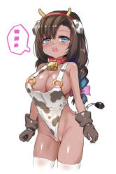 Rule 34 | ..., 1girl, animal ears, animal print, bare shoulders, bell, blue eyes, blush, bow, braid, breasts, brown gloves, brown hair, collar, cow ears, cow girl, cow horns, cow print, cow tail, cropped legs, dark-skinned female, dark skin, fake horns, gloves, groin, hair bow, hairband, highleg, horns, large breasts, long hair, looking at viewer, neck bell, o-ring, open mouth, original, partially visible vulva, pink bow, red collar, red hairband, simple background, skindentation, solo, spoken ellipsis, tail, teeth, thighhighs, unname, upper teeth only, white background, white thighhighs
