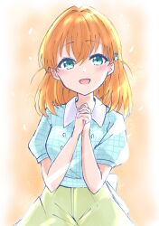 Rule 34 | 1girl, :d, aqua eyes, blue shirt, blush, commentary, crossed bangs, green skirt, hair between eyes, hair ornament, highres, hinoshita kaho, interlocked fingers, kumacha, link! like! love live!, looking at viewer, love live!, medium hair, open mouth, orange background, orange hair, own hands clasped, own hands together, puffy short sleeves, puffy sleeves, rabbit hair ornament, shirt, short sleeves, skirt, smile, solo, straight-on, two side up, upper body, vignetting, virtual youtuber