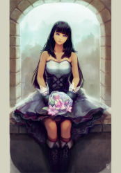 Rule 34 | 1girl, absurdres, bare arms, bare shoulders, black footwear, black hair, boots, bouquet, cross-laced footwear, dress, female focus, flower, gloves, highres, hime cut, holding, holding bouquet, holding flower, lips, long hair, looking at viewer, neck, okuto, original, purple eyes, sitting, smile, solo, strapless, strapless dress