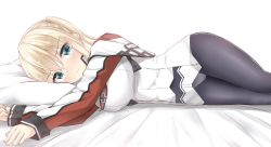 Rule 34 | 10s, 1girl, absurdres, bad id, bad pixiv id, black pantyhose, blonde hair, blue eyes, breasts, capelet, commentary request, cross, eyebrows, graf zeppelin (kancolle), hair between eyes, highres, iron cross, kantai collection, large breasts, long hair, long sleeves, looking at viewer, lying, military, military uniform, moyoron, no headwear, no headwear, on side, panties, panties under pantyhose, pantyhose, simple background, solo, twintails, underwear, uniform, white background