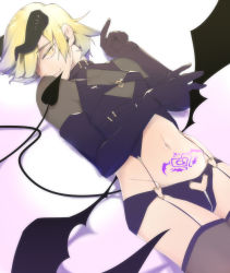 Rule 34 | 1boy, black gloves, blonde hair, demon horns, demon tail, demon wings, elbow gloves, garter straps, geli (clam), gloves, heart o-ring, highres, horns, lying, male focus, navel, on back, pubic tattoo, short hair, simple background, tail, tattoo, thighhighs, white background, wings, wolfram (wolfsmund), wolfsmund, yellow eyes
