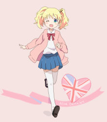 Rule 34 | 10s, 1girl, :d, alice cartelet, bad id, bad pixiv id, blonde hair, blue eyes, blush, chopsticks, hair ornament, heart, kin-iro mosaic, one eye closed, open mouth, running, school uniform, short hair, skirt, smile, solo, thighhighs, twintails, ume (plumblossom), union jack, white thighhighs, wink