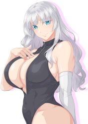 Rule 34 | black one-piece swimsuit, blue eyes, breasts, cleavage, cowboy shot, elbow gloves, front zipper swimsuit, gloves, grey hair, highres, huge breasts, indie virtual youtuber, meme attire, one-piece swimsuit, ozaneko, partially unzipped, shiny skin, single glove, smile, swimsuit, virtual youtuber, watai kasumi, white gloves