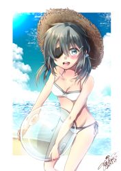 Rule 34 | 10s, 1girl, 2017, bad id, bad pixiv id, beach, bikini, dated, day, eyepatch, green eyes, grey hair, hat, kantai collection, kiso (kancolle), looking at viewer, low twintails, open mouth, outdoors, short hair, signature, solo, sun hat, swimsuit, twintails, white bikini, yuihira asu