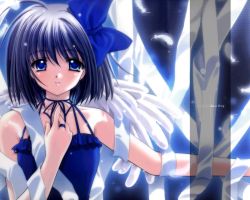 Rule 34 | 1girl, ahoge, angel, angel wings, bare shoulders, bdsm, blue eyes, blue hair, blush, bondage, bound, bow, english text, feathers, fingernails, flat chest, frills, glowing, hair bow, hand on another&#039;s chest, hand on own chest, haneda kobato, jewelry, long fingernails, looking at viewer, matching hair/eyes, nishimata aoi, oretachi ni tsubasa wa nai, outstretched arm, ribbon, ribbon bondage, ring, short hair, sleeveless, smile, solo, striped, striped background, third-party edit, under the innocent sky, wallpaper, wings