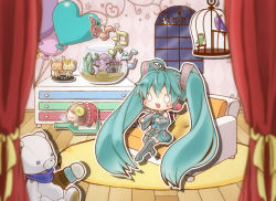 Rule 34 | 1girl, :3, ahoge, animalization, aqua hair, argyle, argyle background, argyle clothes, balloon, bird, birdcage, boots, cage, cat, chibi, couch, curtains, detached sleeves, fishbowl, food, goggles, goggles on head, gumi, hatsune miku, headset, highres, ice cream, ichinose natsuki, kagamine len, kagamine rin, kaito (vocaloid), kamui gakupo, long hair, megurine luka, meiko (vocaloid), musical note, necktie, open mouth, outstretched arm, sitting, skirt, solo, stuffed animal, stuffed toy, teddy bear, thigh boots, thighhighs, twintails, very long hair, vocaloid, window, wooden floor