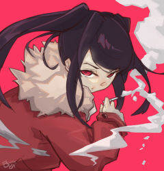 Rule 34 | 1girl, cigarette, coat, from side, highres, jill stingray, little ouji, looking at viewer, purple hair, red background, red eyes, signature, smoke, solo, twintails, va-11 hall-a