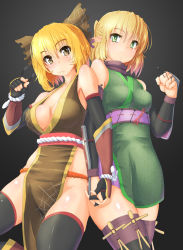 Rule 34 | 2girls, alternate costume, arm guards, bare shoulders, between fingers, black legwear, blonde hair, blush, bow, breasts, brown eyes, cleavage, elbow gloves, fingerless gloves, gloves, green eyes, hair bow, highres, holding, holding hands, kurodani yamame, large breasts, medium breasts, mizuhashi parsee, multiple girls, nail, nokishita kumoemon, open mouth, pelvic curtain, pointy ears, ponytail, short hair, smile, straw doll, thighhighs, touhou
