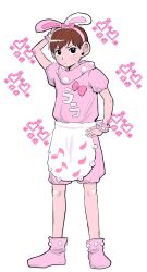 Rule 34 | 1boy, :/, animal ears, apron, black hair, brown hair, chilchuck tims, commentary request, dungeon meshi, fake animal ears, full body, hairband, hand on own head, hand on own hip, heart, highres, ke zta, male focus, onesie, pink footwear, pink hairband, rabbit ears, shoes, solo, waist apron, wrist cuffs