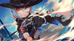 Rule 34 | 1girl, aiming, aiming at viewer, black gloves, black scarf, blue hair, character request, copyright request, cowboy, cowboy hat, gloves, grin, gun, handgun, hat, highres, holding, holding gun, holding weapon, kainown, red eyes, red hair, scarf, smile, solo, weapon, western