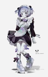 Rule 34 | 1girl, absurdres, animal ears, apron, arm at side, black dress, bow, bow legwear, bowtie, commentary, dress, fake animal ears, flower, frilled apron, frills, frown, full body, hand on own chest, highres, looking at viewer, maid, maid headdress, original, panda, panda ears, purple bow, purple bowtie, purple eyes, purple flower, purple hair, shadow, shoes, simple background, sneakers, socks, solo, symbol-only commentary, toasu, twitter username, two side up, white apron, white background, white footwear, white socks