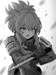 Rule 34 | 1girl, armor, blue eyes, breastplate, chagaun gim, fighting stance, goddess of victory: nikke, greyscale, highres, holding, holding knife, injury, jewelry, knife, medium hair, military, military uniform, monochrome, necklace, open mouth, pinne (nikke), short ponytail, shoulder armor, sidelocks, solo, torn clothes, uniform, wavy hair