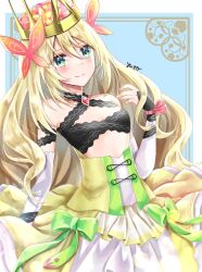Rule 34 | 1girl, artist name, bare shoulders, blonde hair, bow, butterfly hair ornament, celine (fire emblem), crown, dress, fire emblem, fire emblem engage, flat chest, green bow, green eyes, hair between eyes, hair ornament, highres, long hair, looking at viewer, nintendo, smile, solo, upper body, very long hair, yellow dress, yuyu (spika)