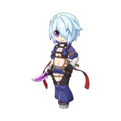 Rule 34 | 1girl, abyss chaser (ragnarok online), arm wrap, belt, black footwear, black gloves, blue hair, blue shirt, blue shorts, boots, braid, breasts, brown belt, chest harness, chibi, cleavage, crop top, dagger, detached pants, full body, gloves, hair between eyes, hair over one eye, hand on own hip, harness, holding, holding dagger, holding knife, holding weapon, knife, large breasts, long bangs, looking at viewer, midriff, navel, official art, open clothes, open mouth, open shirt, puffy short sleeves, puffy sleeves, purple eyes, ragnarok online, reverse grip, shirt, short hair, short shorts, short sleeves, shorts, simple background, smile, solo, standing, steel-toe boots, tachi-e, thigh strap, transparent background, weapon, yuichirou