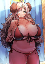 Rule 34 | 1girl, ahoge, bikini, blue archive, blush, breasts, cleavage, closed mouth, collarbone, commentary request, cowboy shot, curled horns, halo, highres, horns, huge breasts, izumi (blue archive), kagarimachi konatsu, long hair, looking at viewer, navel, o-ring, o-ring bikini, plump, red bikini, side-tie bikini bottom, solo, swimsuit, tareme, thick thighs, thighs, yellow eyes