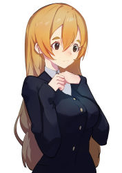 Rule 34 | 1girl, absurdres, black jacket, blonde hair, brown eyes, closed mouth, collared shirt, commentary request, highres, jacket, k-on!, kotobuki tsumugi, long hair, long sleeves, school uniform, shirt, simple background, solo, thick eyebrows, tiredme, upper body, white background, white shirt