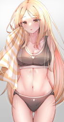 Rule 34 | 1girl, absurdres, arm at side, blonde hair, blush, breasts, buruma, cleavage, collarbone, commentary, commission, counter:side, dot nose, gluteal fold, grey buruma, heart, highres, holding, holding towel, laura beatrix, long hair, looking away, medium breasts, navel, open mouth, parted bangs, sera4, shaded face, sidelocks, solo, sports bra, standing, stomach, sweat, swept bangs, thigh gap, thighs, towel, very long hair, wiping sweat, yellow eyes