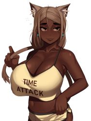 Rule 34 | 1girl, absurdres, animal ear fluff, animal ears, bare shoulders, breasts, brown hair, cat ears, cat girl, cat tail, cleavage, clothes writing, collarbone, cowboy shot, crop top, crop top overhang, dark-skinned female, dark skin, earrings, extra ears, hand up, highres, huge breasts, jewelry, kevbot, long hair, looking at viewer, midriff, mole, mole under eye, navel, original, ponytail cat girl (kevbot), shirt, short shorts, shorts, simple background, sleepy, smile, solo, spaghetti strap, stomach, sweat, tail, white background, yellow shirt