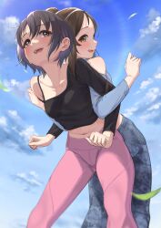 Rule 34 | 2girls, absurdres, assisted stretching, ayase honoka, back-to-back, black shirt, blue leggings, blue shirt, blue sky, blush, breasts, brown eyes, brown hair, clenched hands, cloud, collarbone, commentary, day, grey eyes, grey hair, highres, idolmaster, idolmaster cinderella girls, kaiso (kaisooekaki), leaf, leggings, long hair, long sleeves, looking at another, multiple girls, navel, open mouth, otokura yuuki, outdoors, pink leggings, ponytail, shirt, short hair, sidelocks, sky, small breasts, smile, stomach, sunlight, teeth, thighs, upper teeth only