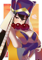 Rule 34 | 1girl, arms under breasts, ashino moto, bare shoulders, bead necklace, beads, bikini, blush, border, breasts, brown hair, cleavage, detached sleeves, earrings, fate/grand order, fate (series), hair between eyes, hat, headdress, highres, hoop earrings, japanese clothes, jewelry, kimono, large breasts, long hair, looking at viewer, necklace, orange sky, prayer beads, purple bikini, sky, sleeveless, sleeveless kimono, solo, swimsuit, twilight, vest, white border, white kimono, xuangzang sanzang (fate), yellow vest