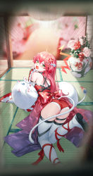 Rule 34 | 1girl, 35p (sakura miko), absurdres, anger vein, ass, bare shoulders, boots, breasts, cat tail, dress, from behind, green eyes, hair between eyes, hair ornament, highres, hololive, indoors, kokko (kokko3045), long hair, long sleeves, looking at viewer, looking back, open mouth, panties, pink hair, plant, pom pom (clothes), pom pom hair ornament, potted plant, red dress, red panties, sakura miko, sakura miko (work), solo, tail, thigh boots, thigh strap, twintails, underwear, virtual youtuber, white footwear
