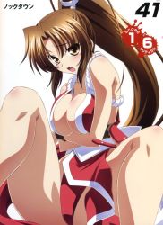 Rule 34 | 1girl, bare shoulders, blush, breast hold, breasts squeezed together, breasts, brown eyes, brown hair, cleavage, fatal fury, highres, izumi mahiru, large breasts, long hair, open mouth, pelvic curtain, ponytail, queen&#039;s blade, queen&#039;s gate, revealing clothes, rope, shiranui mai, snk, solo, tears, the king of fighters