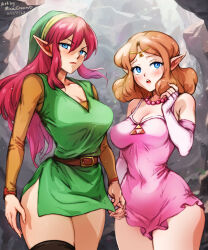 Rule 34 | 2girls, artist name, belt, belt buckle, black thighhighs, blue eyes, breasts, brown belt, brown hair, brown shirt, buckle, circlet, commentary, dated, dress, elbow gloves, english commentary, fingerless gloves, gloves, green headwear, green tunic, hair between eyes, holding hands, large breasts, link (shounen captain), long hair, long sleeves, looking at viewer, medium hair, mina cream, multiple girls, nintendo, outdoors, pink dress, pointy ears, princess zelda, red hair, shirt, the legend of zelda, the legend of zelda (nes), thighhighs, triforce