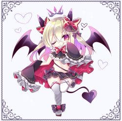 Rule 34 | 1girl, ;q, black bow, black skirt, black sleeves, black wings, blonde hair, blush, boots, bow, chibi, closed mouth, commentary request, demon girl, demon horns, demon tail, demon wings, detached sleeves, full body, hair between eyes, hair bow, horns, long hair, long sleeves, multicolored hair, one eye closed, original, pleated skirt, purple hair, red bow, red eyes, shikito (yawa0w0), skirt, sleeves past fingers, sleeves past wrists, smile, solo, standing, standing on one leg, tail, thigh boots, thighhighs, tongue, tongue out, two-tone hair, white background, white footwear, white thighhighs, wings