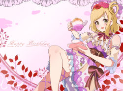 Rule 34 | 1girl, absurdres, artist name, bare legs, bare shoulders, blonde hair, blush, bow, braid, breasts, brown eyes, cleavage, collarbone, cross-laced clothes, crown braid, cup, dress, female focus, flower, flower print, hair rings, highres, holding, holding cup, looking at viewer, love live!, love live! school idol festival, love live! sunshine!!, maid cap, medium breasts, nagisa iori, bowtie, ohara mari, parted lips, pink flower, polka dot, polka dot skirt, purple dress, purple skirt, red flower, ribbon-trimmed legwear, ribbon trim, short hair, skirt, small breasts, smile, solo, striped, striped bow, teacup, yellow eyes