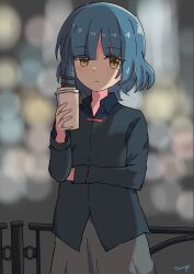 Rule 34 | absurdres, artist name, black shirt, blue hair, blurry, blurry background, bocchi the rock!, city, collared shirt, commentary, cup, disposable cup, grey shirt, hand on own arm, handrail, highres, holding, holding cup, light smile, night, shirt, signature, skirt, smile, tamago (uhdr2338), untucked shirt, yamada ryo, yellow eyes