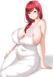 Rule 34 | 1girl, absurdres, areola slip, bare shoulders, blush, breasts, cleavage, collarbone, covered erect nipples, covered navel, curvy, deefourcee, dress, earrings, hair over shoulder, highres, hongryeon (last origin), huge breasts, jewelry, last origin, long hair, looking at viewer, mole, mole under eye, red hair, sideboob, sitting, smile, solo, white background, white dress, wide hips