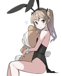 Rule 34 | 1girl, animal ears, bandaged head, bandaged leg, bandages, bare shoulders, black hairband, black leotard, blush, boko (girls und panzer), breasts, brown eyes, brown hair, choker, fake animal ears, flying sweatdrops, girls und panzer, hairband, leotard, long hair, looking at viewer, looking to the side, one side up, playboy bunny, rabbit ears, rabbit tail, saiste, shimada arisu, simple background, sitting, small breasts, solo, stuffed animal, stuffed toy, tail, teddy bear, white background, white choker, wrist cuffs
