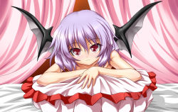 Rule 34 | 1girl, :3, bat wings, bed, blush, canopy bed, collarbone, female focus, highres, looking at viewer, lying, on stomach, pillow, pink eyes, purple hair, remilia scarlet, roura, short hair, smile, solo, topless frame, touhou, wings