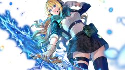 Rule 34 | 1girl, apex legends, ash (titanfall 2), black skirt, black thighhighs, blonde hair, blue eyes, blue hair, breasts, commentary request, commission, cowboy shot, gloves, gradient hair, highres, holding, holding weapon, indie virtual youtuber, long hair, looking at viewer, ma x622, medium breasts, multicolored hair, portal (object), pouch, second-party source, skirt, solo, thighhighs, virtual youtuber, weapon, white background, zeta (vtuber)