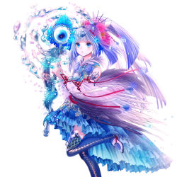 Rule 34 | 1girl, blue eyes, blue hair, blush, boots, clothing cutout, cross-laced clothes, cross-laced cutout, dress, feathers, flower, hair flower, hair ornament, magic, matching hair/eyes, open mouth, original, scepter, simple background, solo, tamaki mitsune, water, weapon, white background