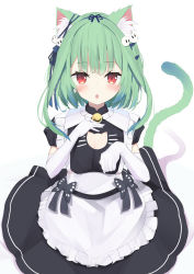Rule 34 | 1girl, absurdres, alternate costume, animal ear fluff, animal ears, apron, bell, blue hair, blush, cat ears, cat tail, dress, earrings, elbow gloves, enmaided, ghost earrings, gloves, gradient hair, green hair, hair ornament, highres, hololive, jewelry, looking at viewer, maid, maid apron, multicolored hair, neck bell, polyethyle, red eyes, short dress, short hair, short sleeves, skull hair ornament, solo, tail, uruha rushia, virtual youtuber, white gloves
